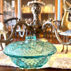Vintage Cut Glass Candy Dish Teal Blue W/ Lid Heart and Fleur-De-Lis Pattern